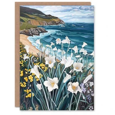 Image of Artery8 Greeting Card Aberdaron Coastal Wales Daffodils Hills Painting Blank For Him Or Her Art Birthday
