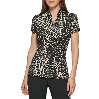 Image of DKNY Women&#039;s Short Sleeve top with Side Ruffles Shirt, Animal Print, S