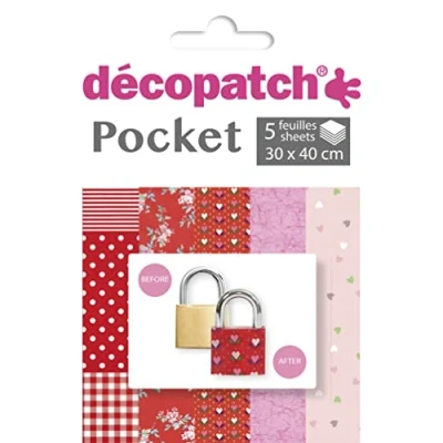 Image of Décopatch Ref DP028C Pocket Papers Pink &amp; Red Designs Contains 5 Complementary Sheets of Paper, Each Sheet is 30 x 40cm, Small 13 9.5cm Pack Size