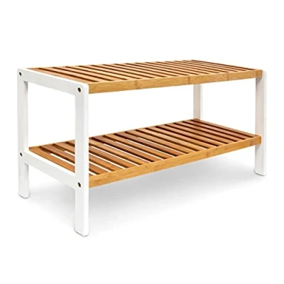 Image of Relaxdays Bamboo Shoe Rack, With 2 Shelves, 33 x 70 24.5, Storage Unit, for 8 Pairs of Shoes, Brown White
