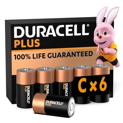Image of Duracell Plus C Batteries (6 Pack) Alkaline 1.5V 100% Life Guarenteed Reliability For Everyday Devices 0% Plastic Packaging 10 Year Storage MN1400