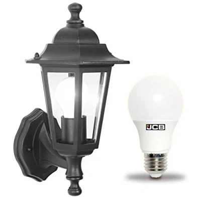 Image of Dependable Trading LTD Traditional 6 Sided garden/porch outdoor coach wall lantern IP44 (Black + LED bulb)