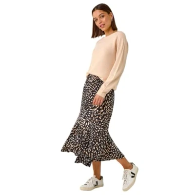 Image of Roman Originals Jersey Skirt for Women UK Ladies Midi Maxi Ditsy Floral Summer Spring Holiday Swing Shape Vacation Smart Casual Work Cocktail Party Going Out Tan Size 16