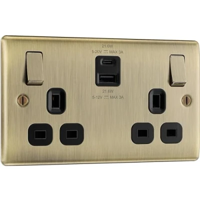 Image of BG Nexus Metal Antique Brass, 13A Double Switched Socket with USB A + C 22W, Black Inserts