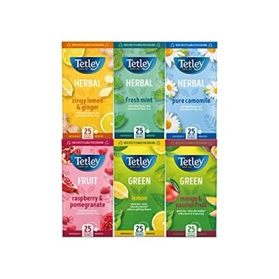 Image of Tetley Mixed Fruit Tea Variety Pack â“ 6 Unique Fruity Flavours 150 Individually Wrapped Bags Herbal and Green Selection