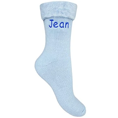 Image of Women&#039;s Personalised Embroidered Super Soft Blue Thermal Bed Socks