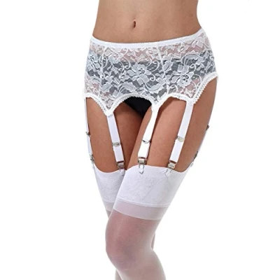 Image of Lace Garter Belt/Sexy Mesh Suspender with 6 Vintage Strap Metal Clip for Women Stocking/Lingerie (Garter Belt Sold Only), White_lace, S