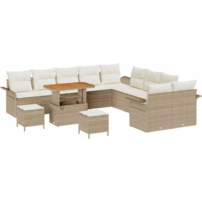 Image of vidaXL 13 Piece Garden Sofa Set with Cushions Beige Poly Rattan Acacia
