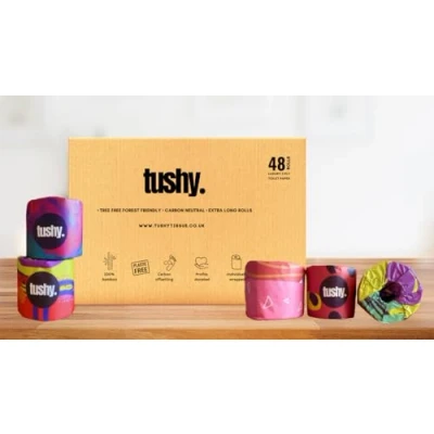 Image of Tushy 100% Bamboo Premium Soft Toilet Roll,300 Sheet, 48 Rolls, 3 Ply, Strong, Sustainable, Biodegradable, Plastic Free
