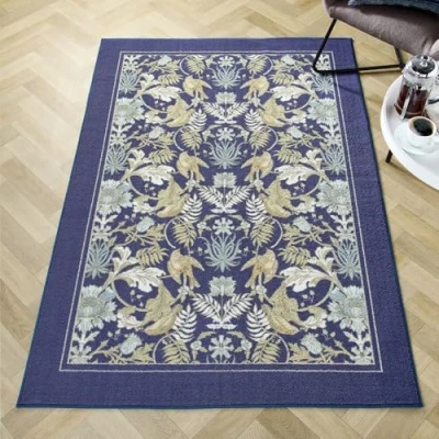 Image of Dreams &amp; Drapes Blue William Morris Rug (180 x 120cm) Low Pile (Hypoallergenic) Machine Washable Non Slip Bohemian with Birds Florals Damask for Living Room/Bedroom