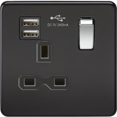 Image of KnightsBridge Screwless 13A 1G switched socket with dual USB charger (2.4A) matt black chrome rocker