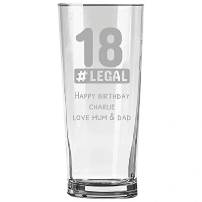Image of Personalised Engraved Pint Glass 18th Birthday Gift, 18 Legal with Name and Message Design