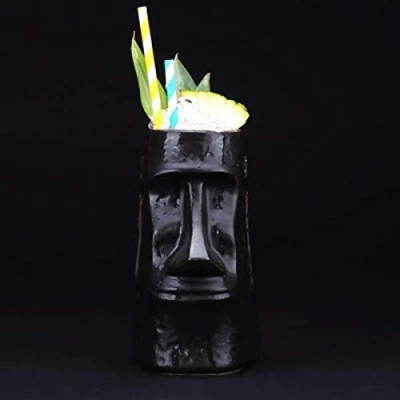 Image of Ceramic Hawaiian Cocktail Mug, Tiki Mugs/700ml Cute Exotic Glasses, Bar Professional Party Barware (Black)
