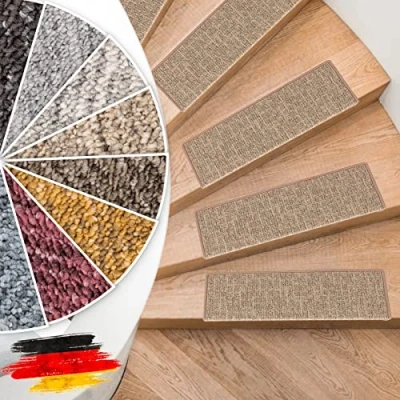Image of Floordirekt Alto Stair Mats, Treads Staircase Pads, Self Adhesive Durable and Easy to Clean Rug for Indoor Use (Beige, Rectangular 65 x 23.5 cm)