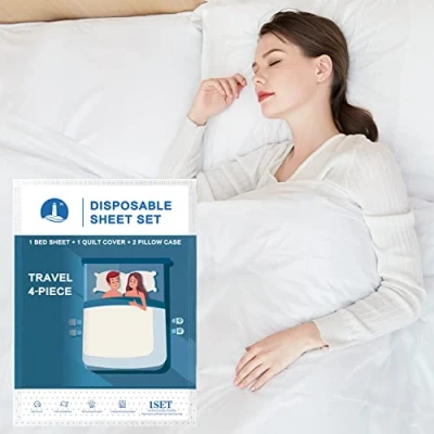 Image of Yutianli Disposable Bed Sheets, Quilt Cover and Pillow case Set for Hotel Travel. Portable Sheet Ready to use Bedding (Travel 4 Piece Double)