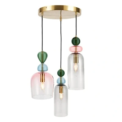 Image of LITECRAFT Visconte Vietri Ceiling Pendant 3 Light with Multi Coloured Glass Shades Satin Brass