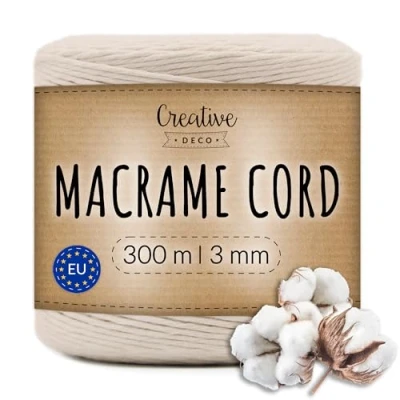 Image of Creative Deco 985 Feet Beige Macrame Cord 300m 3mm Thick Cotton Rope 12 Ply String Yarn Twine Elastic for Easter, Art and Craft, DIY, Knitting, Gift Wrapping, Wall, Plant Hanger Strong