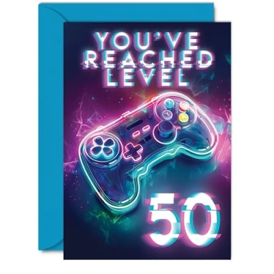 Image of 50th Gamer Birthday Cards for Men Women You&#039;ve Reached Level 50 Happy Card Brother Sister Uncle Auntie Friend, A5 Fifty Fiftieth Bday Video Game Greeting