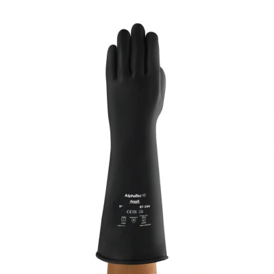 Image of Ansell AlphaTec 87 104 Chemical Resistant Gloves in Latex with Long Cuff (43cm/17in), Heavy Duty Protection against Acids and Solvents, Reusable Rubber Gloves, Black, Size XL (1 Pair)