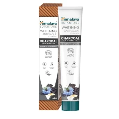 Image of Ecocert Cosmos Natural Certified Himalaya Botanique Whitening Antiplaque Toothpaste Charcoal + Black Seed Oil for Brighter Teeth Vegan, Fluoride &amp; Gluten Free, 75 ml