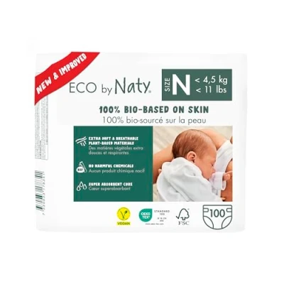 Image of Eco by Naty Friendly Baby Nappies Newborn 100% Plant Based Materials on Skin, Extra Soft, for Sensitive Skin &amp; Super Absorbent (Size N, 100 Count)