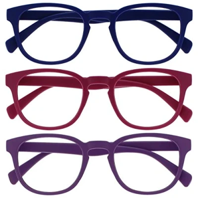 Image of Opulize Pop Reading Glasses 3 Pack Fun Round Matt Frame Mid Blue Fuscia Pink Purple Spring Hinges Scratch Resistant Mens Womens RRR2 345 +2.00