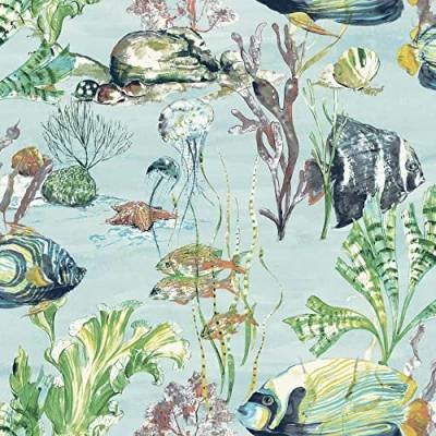 Image of Aquarium Teal Wallpaper Grandeco Watercolour Fish Jellyfish Sea Life Creatures