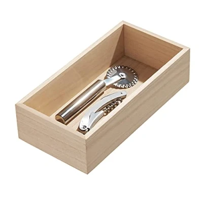 Image of iDesign EcoWood Drawer Organiser, Paulownia Wood Kitchen Storage Insert, Organiser for Cutlery and Utensils,Beige,25.4x12.7x6.9cm