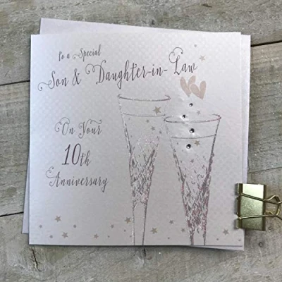 Image of WHITE COTTON CARDS Son &amp; Daughter in Law 10th Tin Wedding Anniversary Flutes B108 10 SD,16cm x 16cm