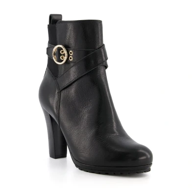 Image of Dune Ladies OREANA Buckle Detail Leather Heeled Ankle Boots Size UK 8 Block Heel Black
