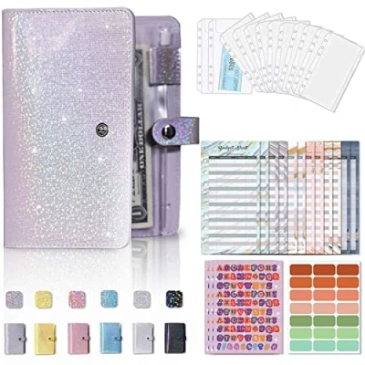 Image of Budget Binder/Money Saving Wallet for Cash Stuffing Savings/Budgeting, Small A6 6 Ring Book Planner Organiser PU Leather with Money Folder/Cash&amp;Bill Envelopes &amp; Expense Sheets, Purple
