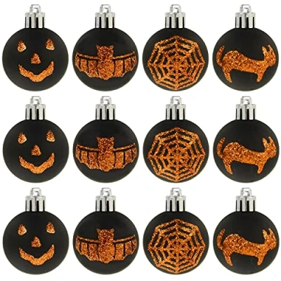 Image of Cackle &amp; Co 12 Pack Mini Halloween Tree Baubles Glittery Party Decoration 4cm Black Orange