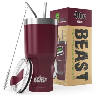 Image of Beast Tumbler 1050 ml (40 oz), Cranberry Reusable Stainless Steel, Vacuum Insulated Cup with + 2 Straws &amp; Cleaning Brush Double Wall Travel Flask Perfect for Hot or Iced Coffee BPA Free