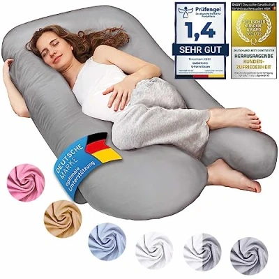 Image of SMOOTHY Pregnancy pillow, side sleeper positioning baby pillow &amp; breastfeeding in U shape with removable washable cover made of cotton (Junior XL, 120 x 70 cm, Gray)