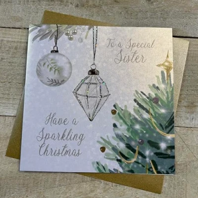 Image of WHITE COTTON CARDS SPECIAL SISTER BAUBLES CHRISTMAS CARD, HAND FINISHED (C23 36), 16cm x