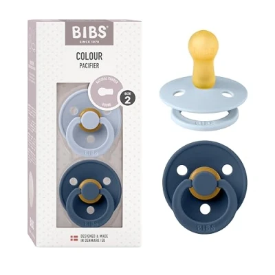 Image of BIBS Colour Soother 2 Pack, BPA Free Dummy Pacifier, Round Nipple. Natural Rubber Latex, Made in Denmark. 6 18 Months (Pack of 2), Dusty Blue/Steel Blue