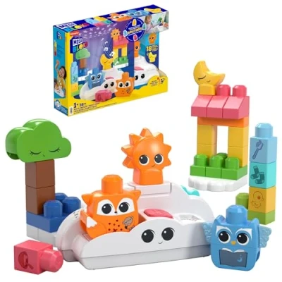 Image of MEGA BLOKS Fisher Price Toddler Building Blocks Toy, Rise &amp; Snooze Night Light with 30 Pieces, Sound and Effects, Star Projector, Ages 1+ Years, HTH43