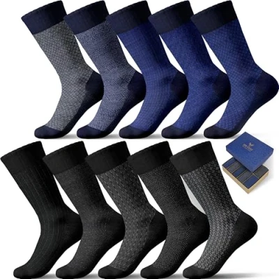 Image of Socks Box, Men’s Bamboo Dress With Gift Patterned, Premium Quality (5/10 Pairs+Gift Box+Gift), 10 Pairs Blue and Black Socks, 8 12