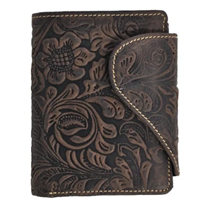 Image of Feminine ladies’ wallet purse long, oil embossed full leather, Jockey Club floral motif, vines and blossoms
