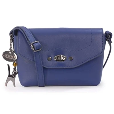 Image of Catwalk Collection Handbags Small Leather Cross Body Bag For Women Flapover Shoulder Adjustable Crossbody Strap FLORENCE Blue