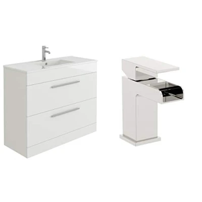 Image of VeeBath Sphinx High Gloss White 1000mm Minimalist Vanity Sink Unit with Waterfall Designer Chrome Basin Mixer Tap + Waste