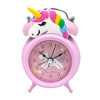 Image of CAM2 alarm clock, children&#039;s one horn horse girl silent and non ticking pink fairy tale clock
