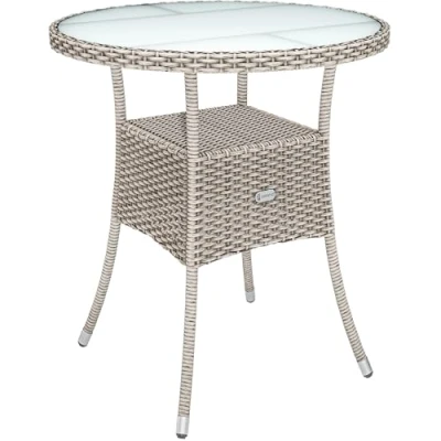 Image of CASARIA® 60cm Round Poly Rattan Glass Top Garden Table Outdoor Side With Frosted Safety Plate Weatherproof Dining Furniture Patio Balcony Bistro Coffee Cafe Beige