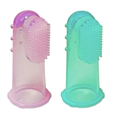 Image of 2 x Baby Silicone Finger Toothbrush Infant Gums Massager Brush (Pink &amp; Green)