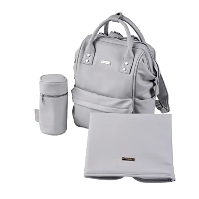 Image of BABABING Mani Baby Changing Bag Large Backpack with Adjustable Shoulder Straps Multifunction Detachable Mat &amp; Insulated Bottle Holder Dove Grey Leatherette