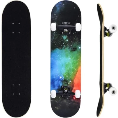 Image of ERNAN Complete Skateboard for Beginners,31 x 8 Inch Double Kick Kids Teenagers &amp; Adults. with Skate T Tool. (Rainbow)