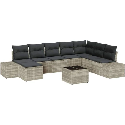Image of vidaXL 9 Piece Garden Sofa Set with Cushions Grey Poly Rattan