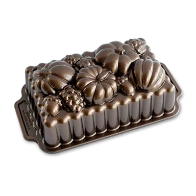 Image of Nordic Ware Harvest Bounty Loaf Cake Tin, Cast Aluminium Baking Tin with Pumpkin Pattern, Colour: Bronze