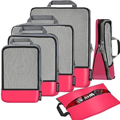 Image of Eono Compression Packing Cubes, Luggage Organiser Set, Extensible Suitcase Organiser, Organisers for Suitcases, Cubes Travel or Home Storage Fushcia, 6 Set