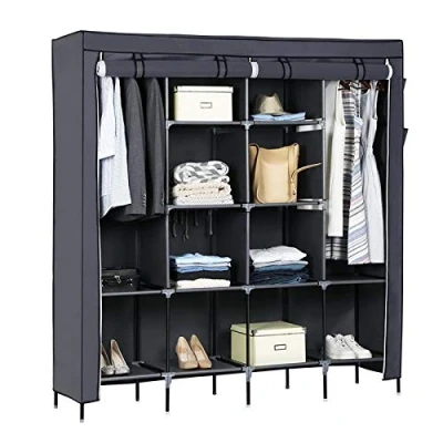 Image of wenyuyu Clothes Wardrobe, Portable Closet, Garment Organiser Rack with Hanging Rails, Shelves, Side Pockets, 170 x 45 168 cm, Large Capacity for Bedroom, Living Room (Grey)